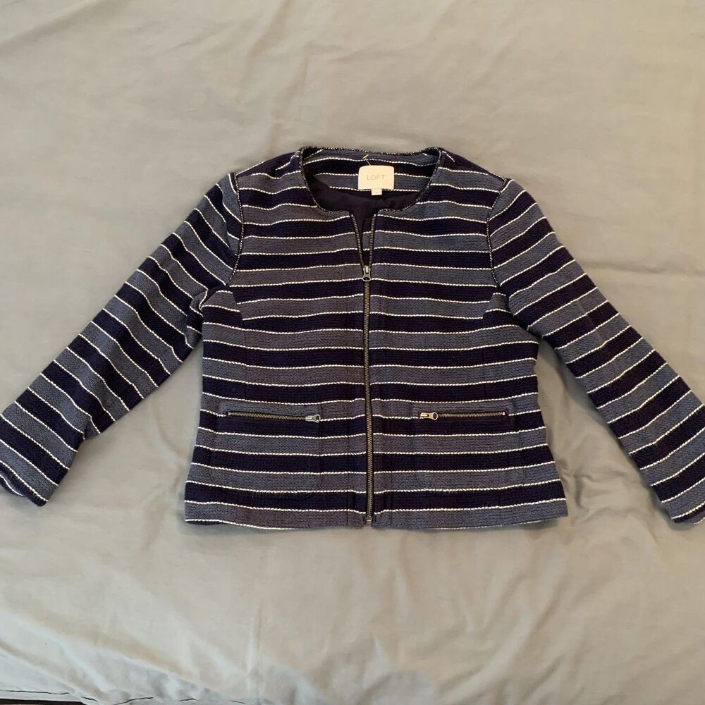 Ann Taylor LOFT Jacket Womens 10 Navy Blue Striped Zip Front Tweed Boucle Lined